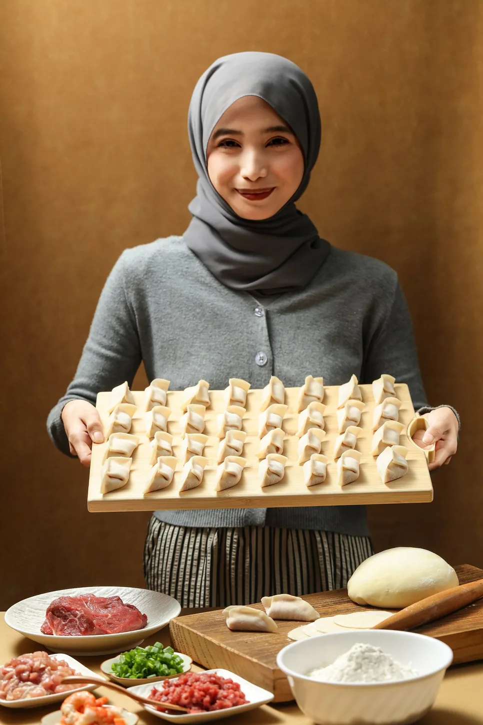 A full tray of dumplings wrapped fresh that morning